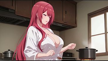 Anak Tiri Pulang Cepat, Lihat Istri Bapak Masak Cuma Pakai Jubah Kecil. Kureha Enomoto Cosplay Mesum (buatan Ai).